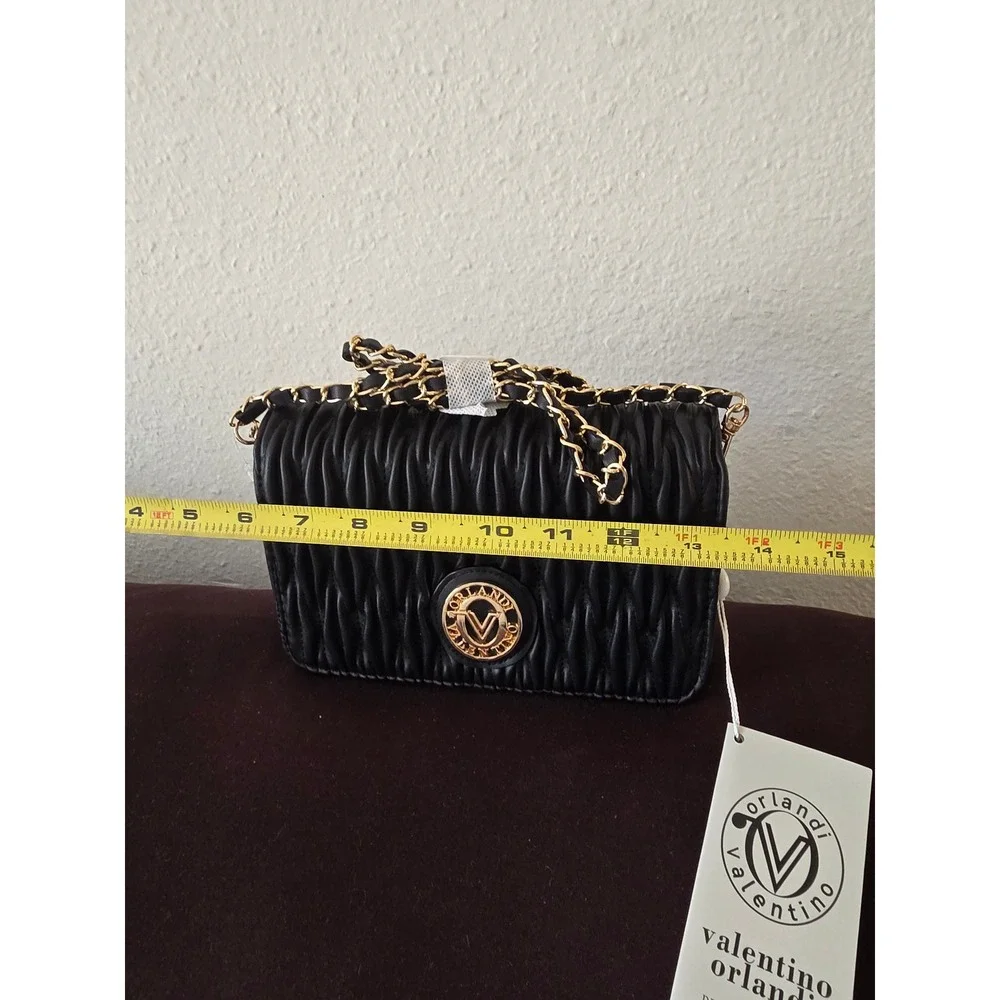 Valentino Orlandi Black Ruched Quilted Crossbody Bag Gold Chain Strap V-NWBC